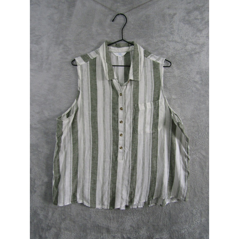 Time and Tru Green and White Striped Sleeveless Button-Down Shirt